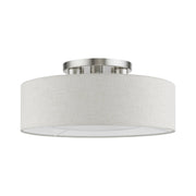 Ellsworth 3-Light Semi-Flush Mount with Oatmeal Shade in Brushed Nickel with Shiny White Accents