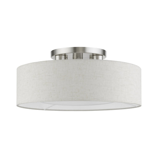 Ellsworth 3-Light Semi-Flush Mount with Oatmeal Shade in Brushed Nickel with Shiny White Accents