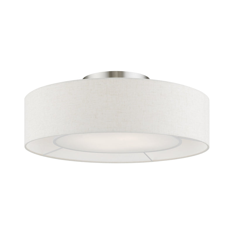 Ellsworth 4-Light Semi-Flush Mount with Oatmeal Shade in Brushed Nickel with Shiny White Accents