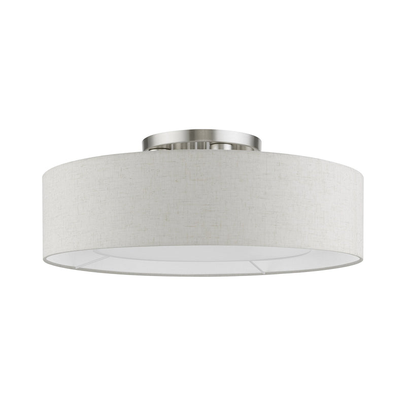 Ellsworth 4-Light Semi-Flush Mount with Oatmeal Shade in Brushed Nickel with Shiny White Accents