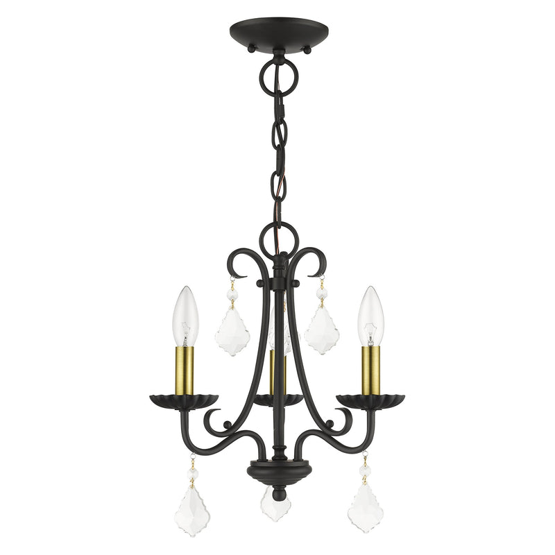 Daphne 3-Light Mini Chandelier in Black with Antique Brass Finish Accents