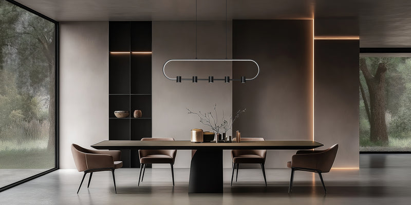 Saros 1 Light 42" Linear Pendant in Matte Black in a room setting