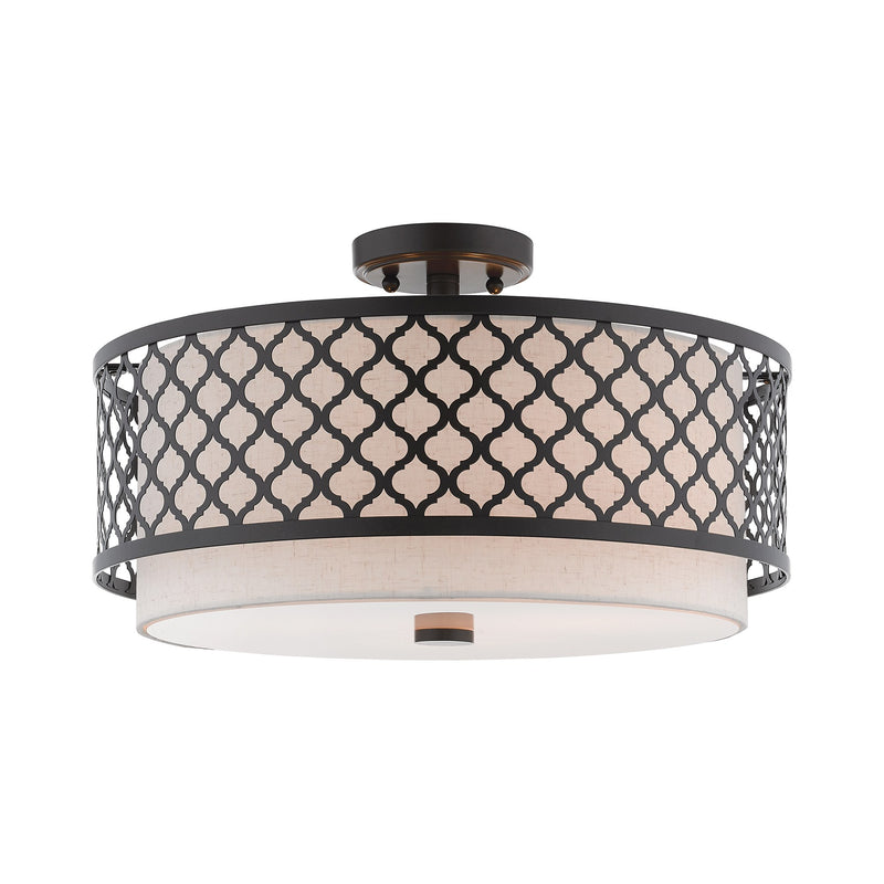 Arabesque 3-Light 18" Semi-Flush Mount with Oatmeal Shade in English Bronze
