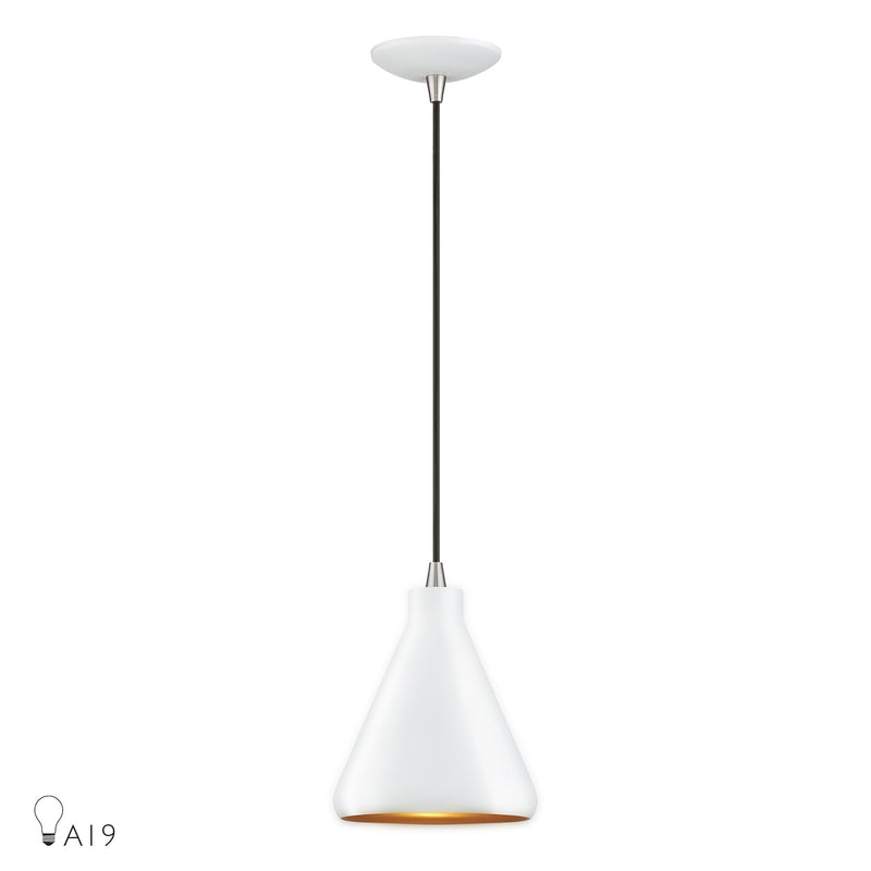 Geneva Mini Cone Pendant in White with Brushed Nickel Accents