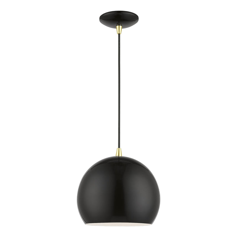 Metal Shade Mini Pendants 10" Dome Mini Pendant in Shiny Black with Polished Brass Accents