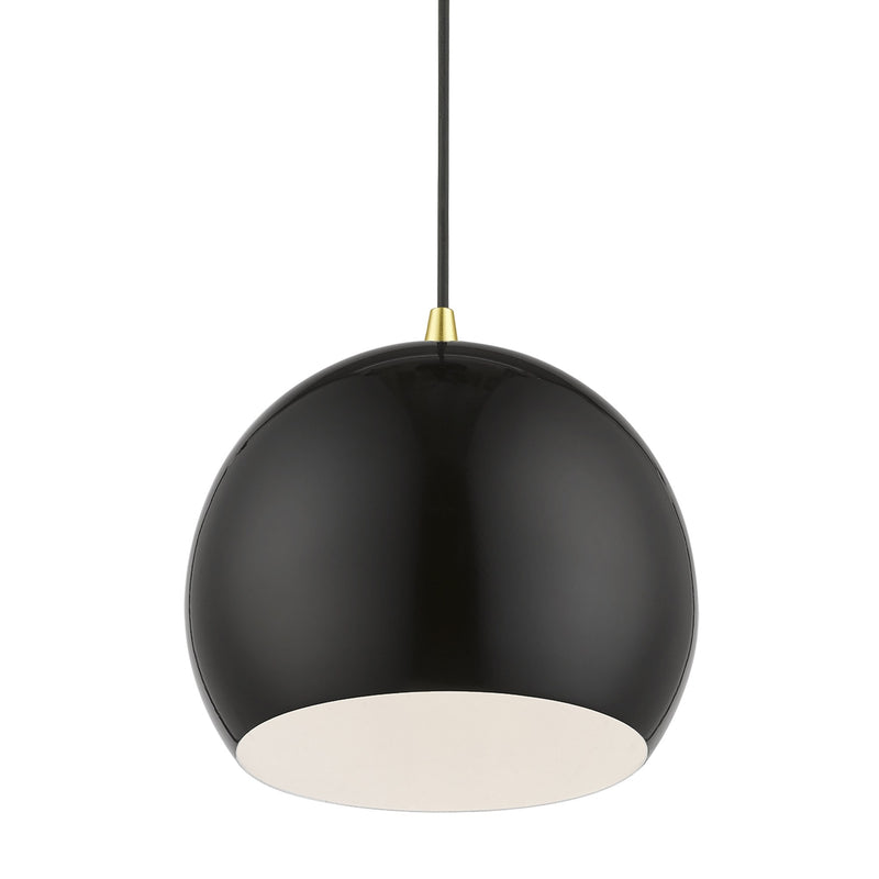 Metal Shade Mini Pendants 10" Dome Mini Pendant in Shiny Black with Polished Brass Accents