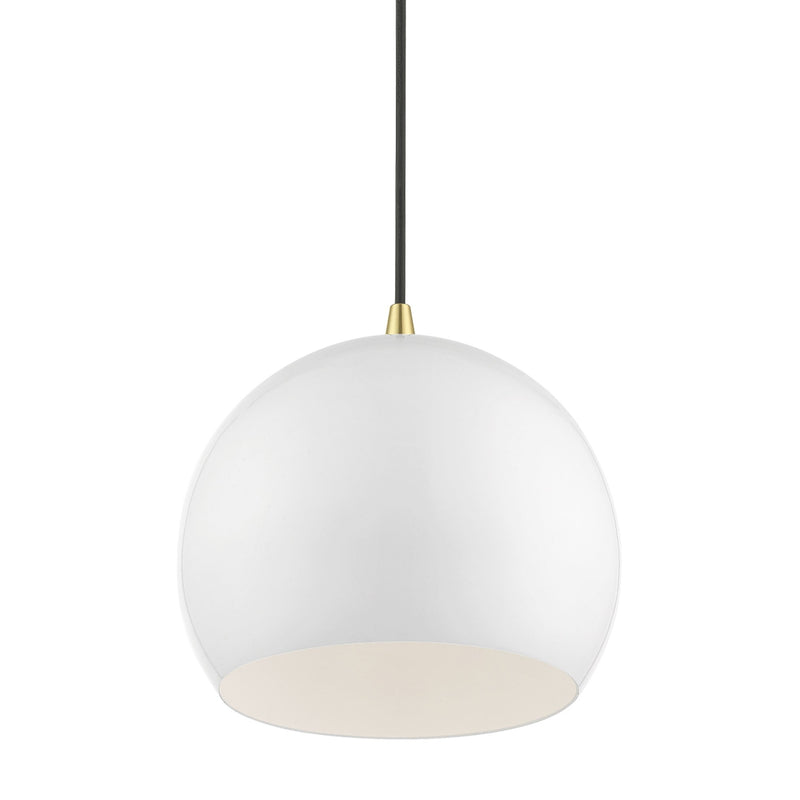 Metal Shade Mini Pendants 10" Dome Mini Pendant in Shiny White with Polished Brass Accents