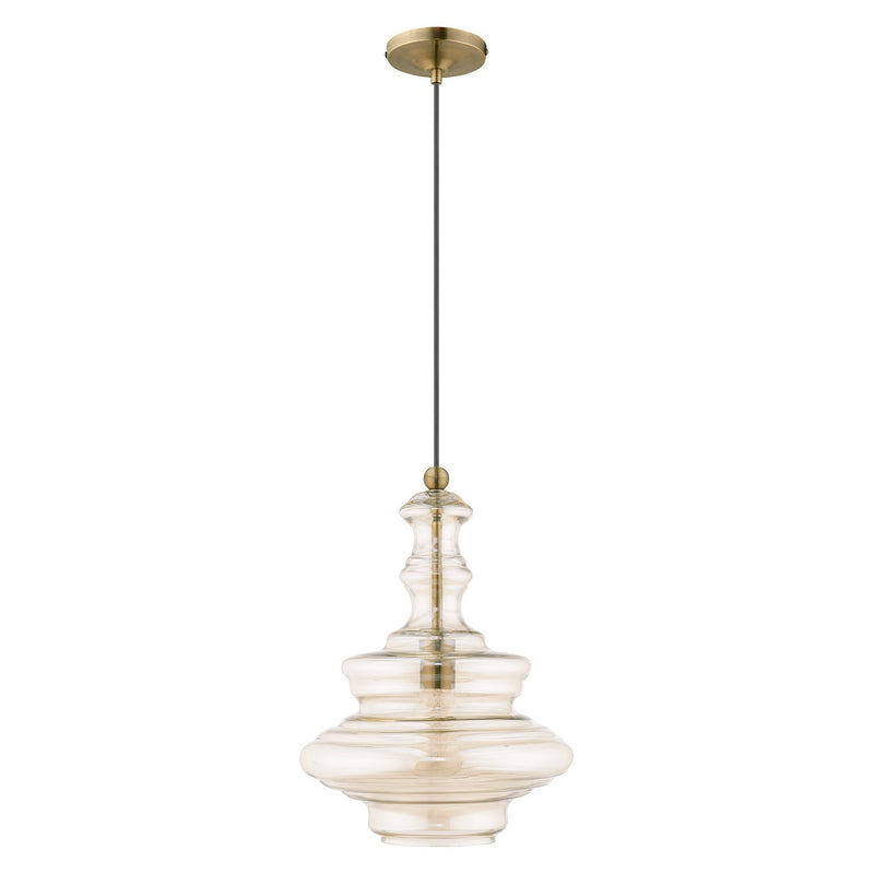 Hand Blown Art Glass 12.25" Pendant in Antique Brass