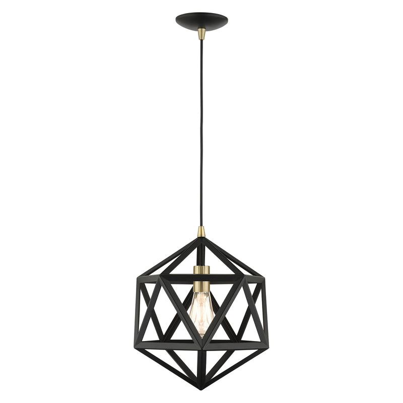 Ashland 13" Pendant in Textured Black with Antique Brass Accents