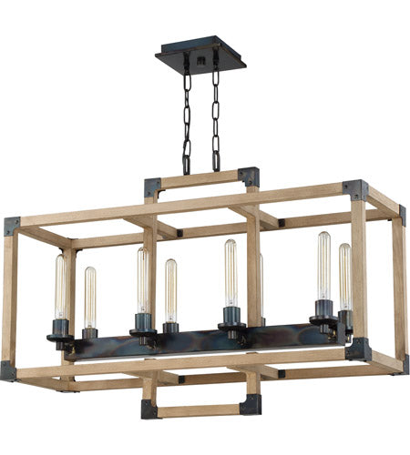 Cubic 8 Light 36.38" Linear Chandelier in Fired Steel/Natural Wood