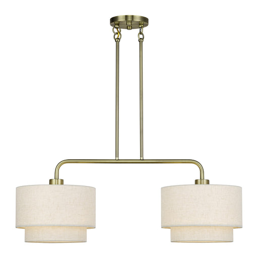 Manorwood 2-Light Large Linear Chandelier with Oatmeal Shades in Antique Brass