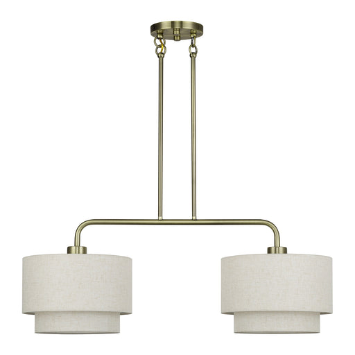 Manorwood 2-Light Large Linear Chandelier with Oatmeal Shades in Antique Brass