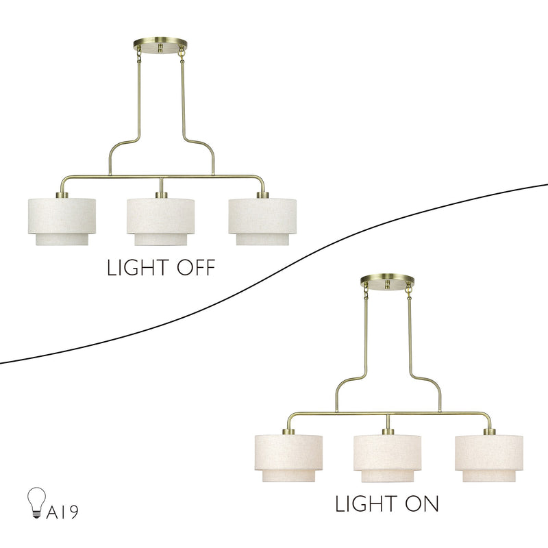 Manorwood 3-Light Extra Large Linear Chandelier with Oatmeal Shades in Antique Brass