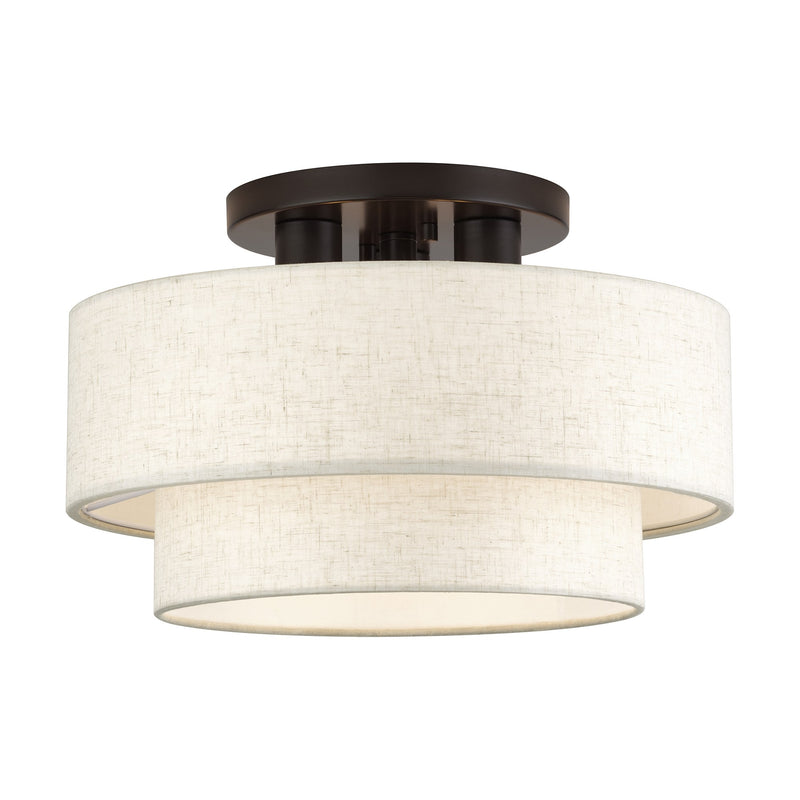 Manorwood 3-Light 15" Semi-Flush Mount with Oatmeal Shade in English Bronze