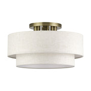 Manorwood 3-Light 18" Semi-Flush Mount with Oatmeal Shade in Antique Brass