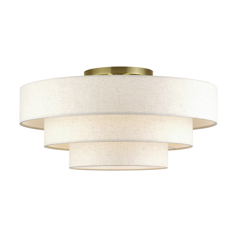 Manorwood 5-Light 28" Semi-Flush Mount with Oatmeal Shade in Antique Brass