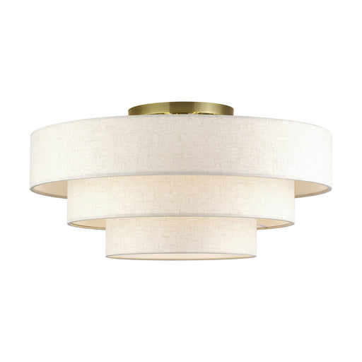 Manorwood 5-Light 28" Semi-Flush Mount with Oatmeal Shade in Antique Brass