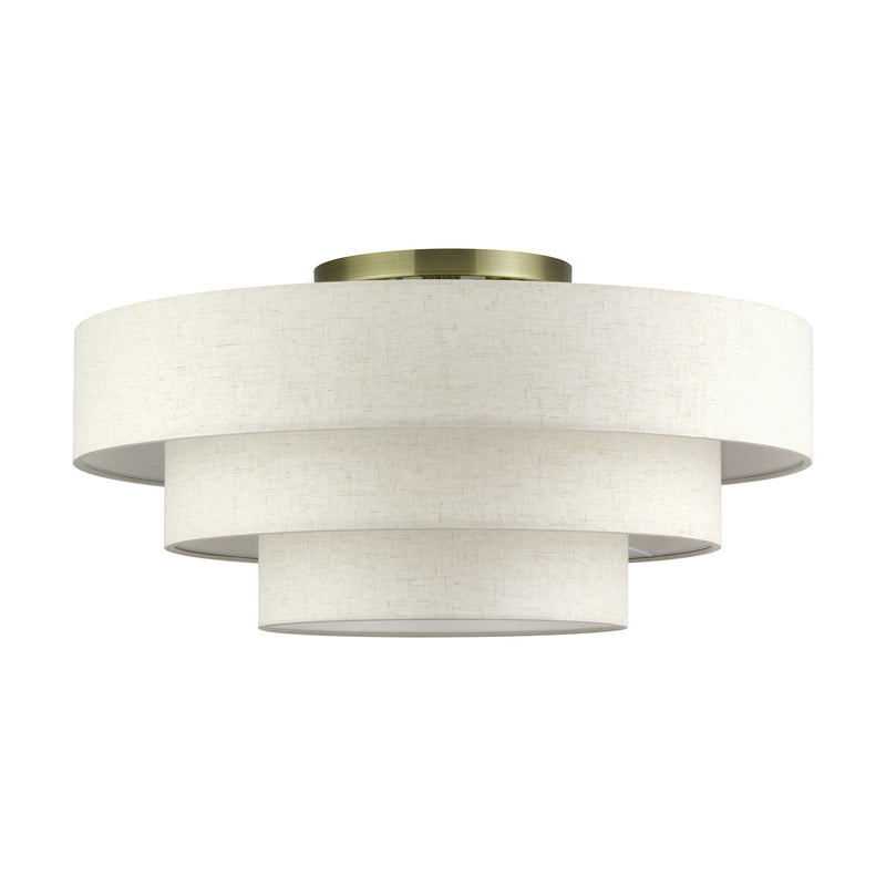 Manorwood 5-Light 28" Semi-Flush Mount with Oatmeal Shade in Antique Brass