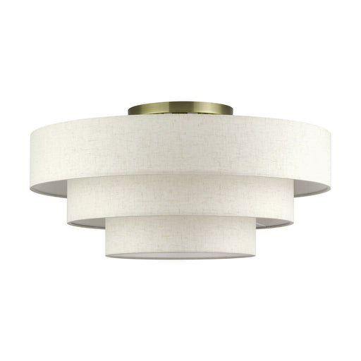Manorwood 5-Light 28" Semi-Flush Mount with Oatmeal Shade in Antique Brass