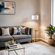 Caldwell Shelf Floor Lamp in Antique Brass Natural Wood