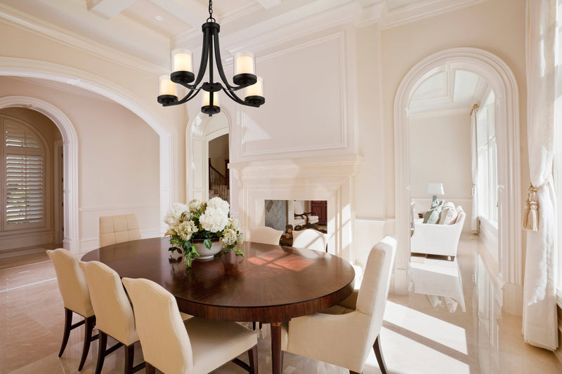 Willow 5 Light 25.25" Chandelier in Matte Black in a room setting