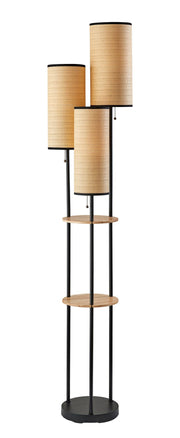 Trio 3-Light Tree Floor Lamp in Black W. Natural Wood Shelves