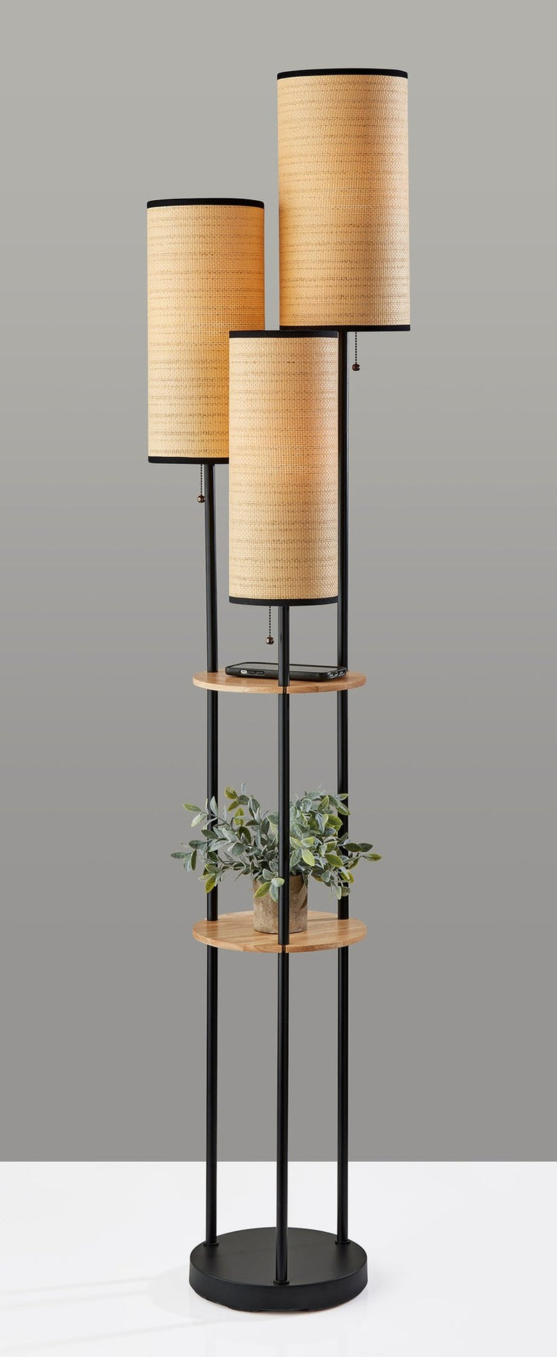 Trio 3-Light Tree Floor Lamp in Black W. Natural Wood Shelves