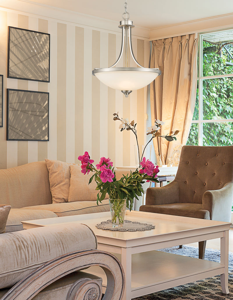 Bordeaux 3 Light 17.125" Pendant in Brushed Nickel in a room setting