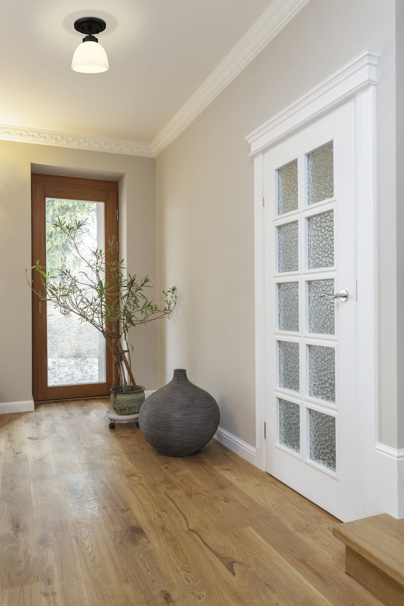 Ashton 1 Light 6" Flush Mount, Matte Opal Shade in Matte Black in a room setting