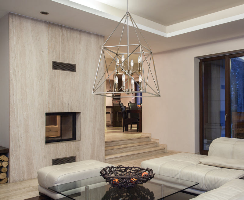 Trestle 8 Light 20" Chandelier in Antique Silver in a room setting
