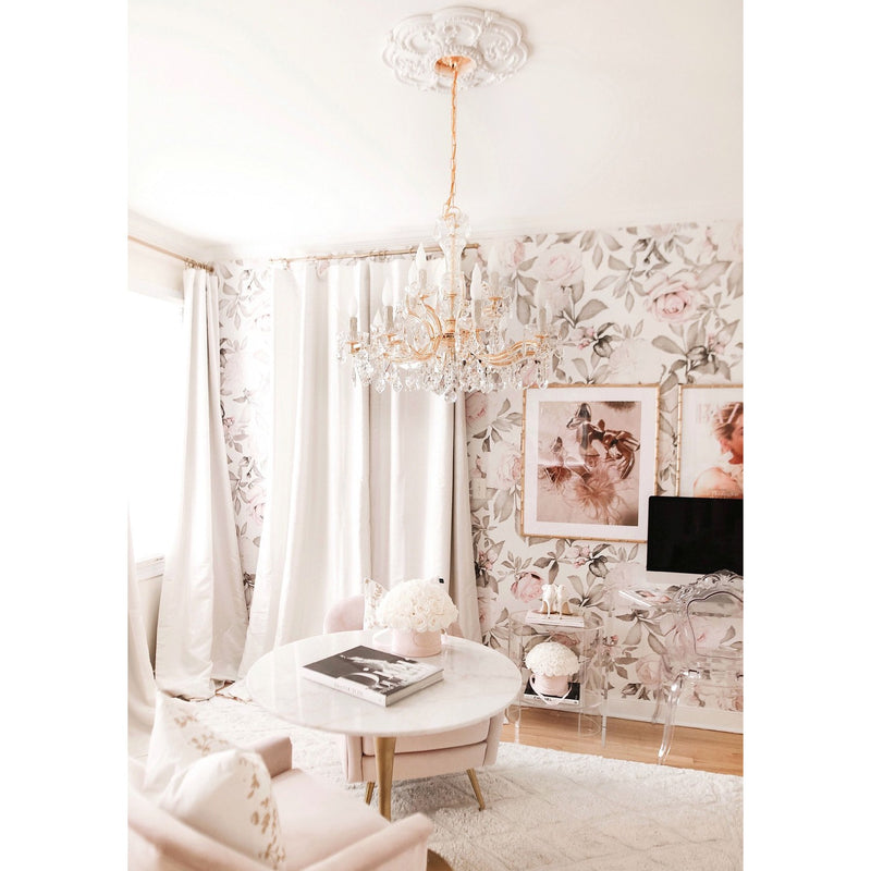 Maria Theresa 12 Light 29" Chandelier in Gold in a room setting