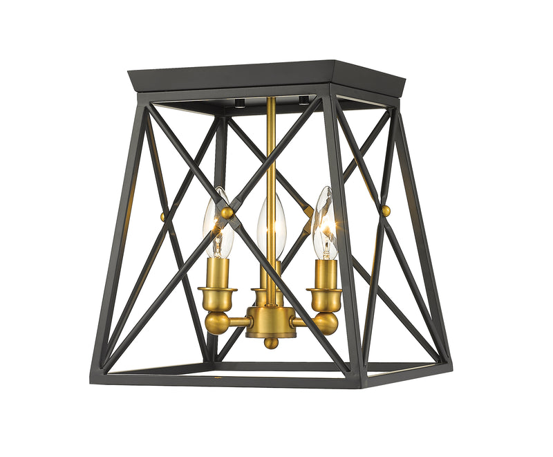 Trestle 3 Light 11" Flush Mount in Matte Black + Olde Brass