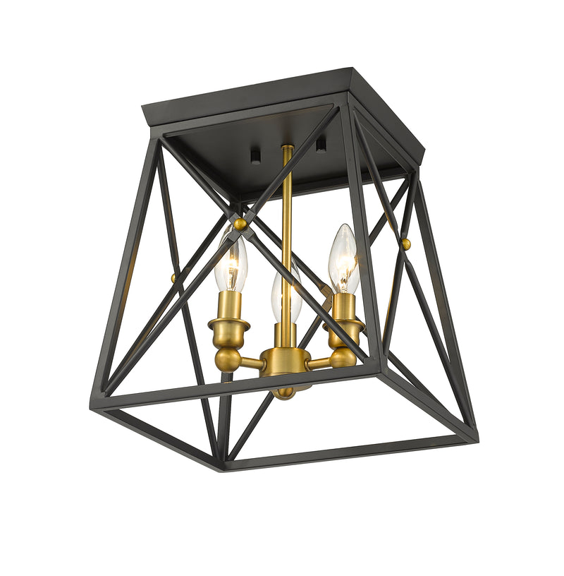 Trestle 3 Light 11" Flush Mount in Matte Black + Olde Brass