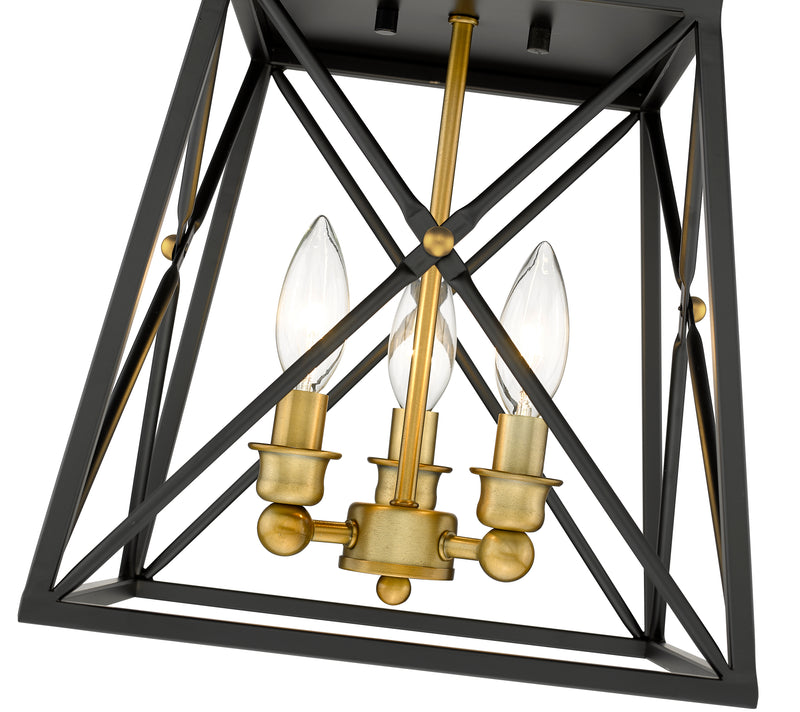 Trestle 3 Light 11" Flush Mount in Matte Black + Olde Brass