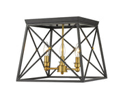 Trestle 3 Light 14" Flush Mount in Matte Black + Olde Brass
