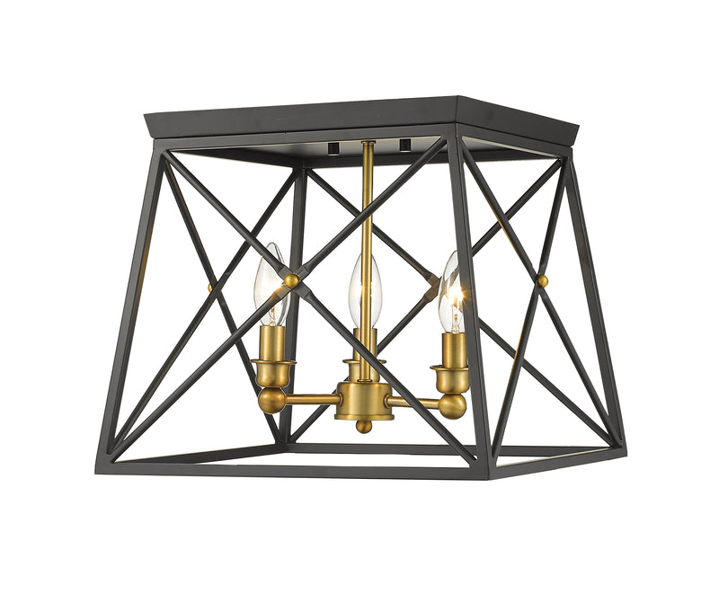 Trestle 3 Light 14" Flush Mount in Matte Black + Olde Brass