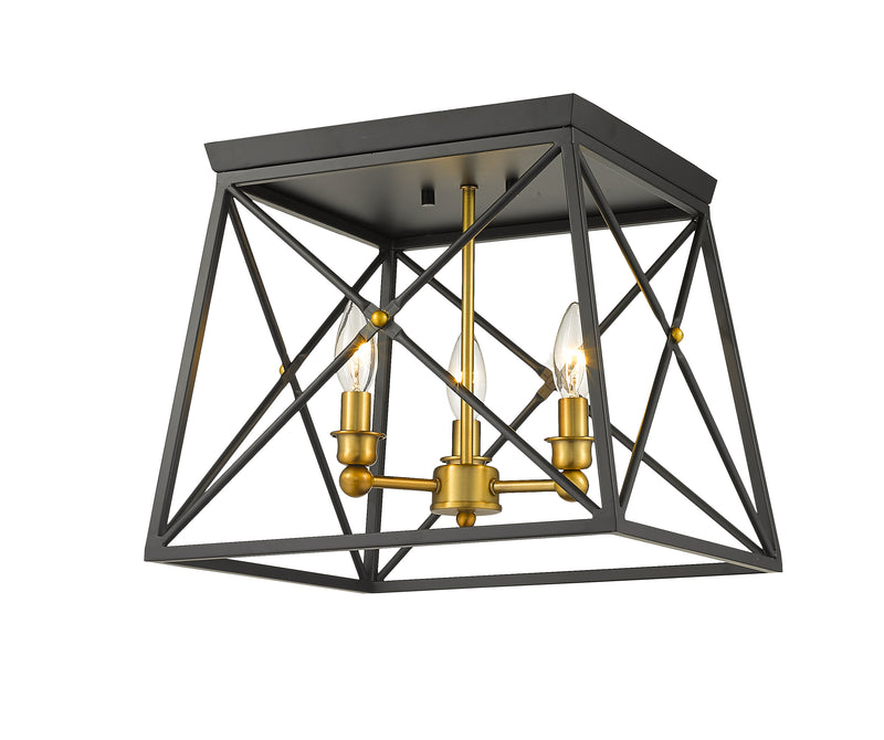 Trestle 3 Light 14" Flush Mount in Matte Black + Olde Brass