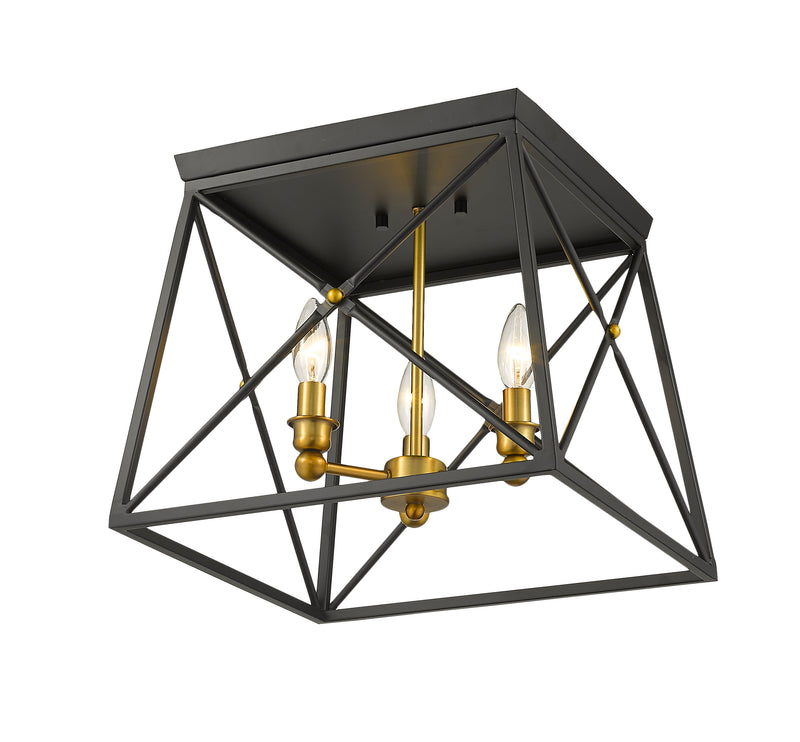 Trestle 3 Light 14" Flush Mount in Matte Black + Olde Brass
