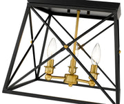 Trestle 3 Light 14" Flush Mount in Matte Black + Olde Brass