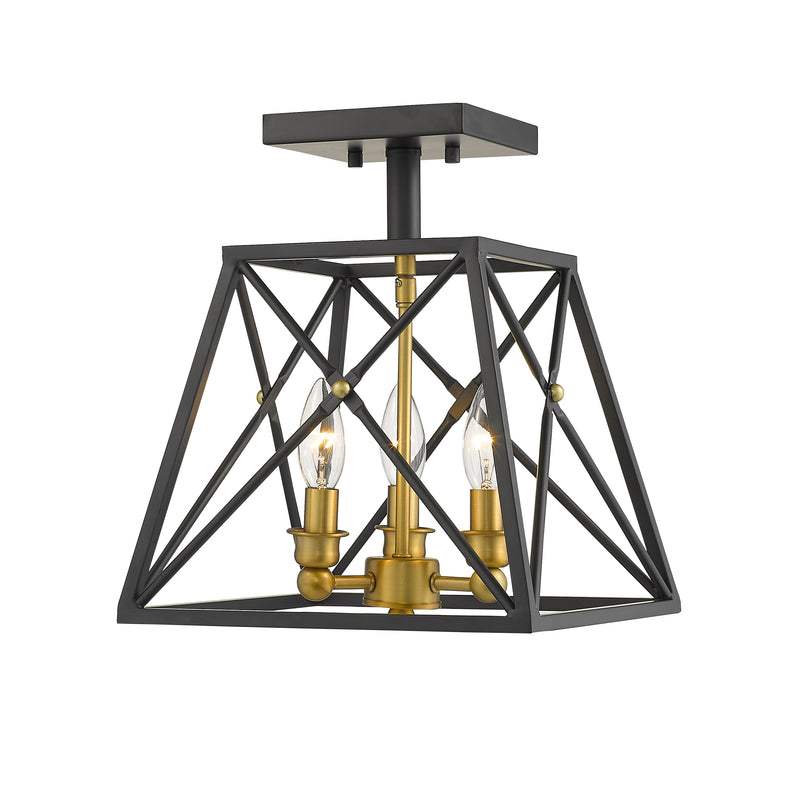Trestle 3 Light 11" Semi Flush Mount in Matte Black + Olde Brass