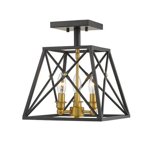Trestle 3 Light 11" Semi Flush Mount in Matte Black + Olde Brass