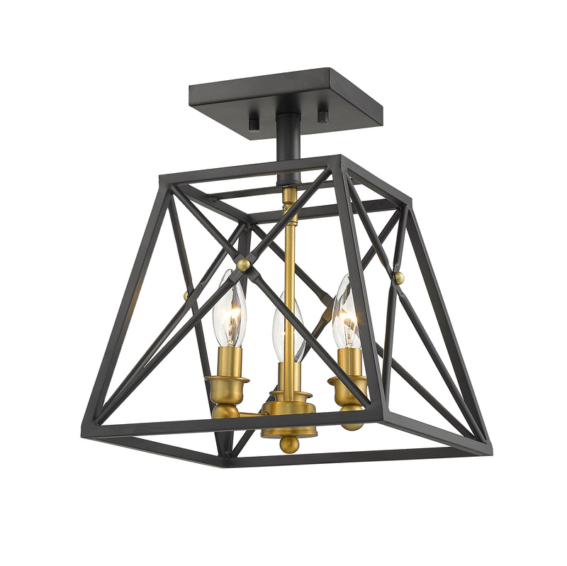 Trestle 3 Light 11" Semi Flush Mount in Matte Black + Olde Brass