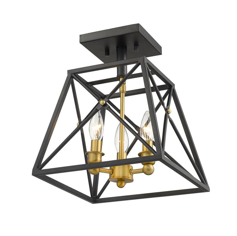 Trestle 3 Light 11" Semi Flush Mount in Matte Black + Olde Brass