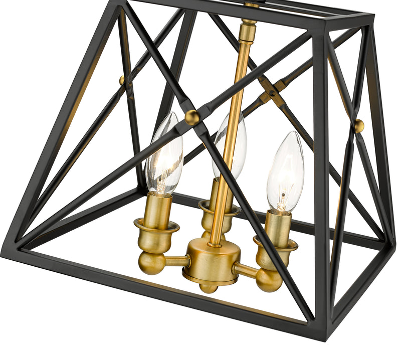 Trestle 3 Light 11" Semi Flush Mount in Matte Black + Olde Brass