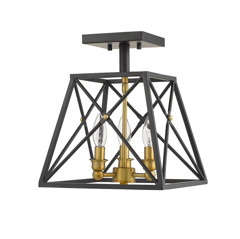 Trestle 3 Light 11" Semi Flush Mount in Matte Black + Olde Brass