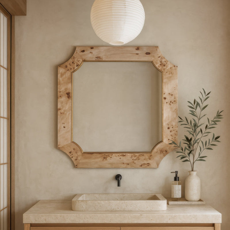 Farra 36" x 36" Square Wall Mirror in Poplar Burl/Weathered Brass