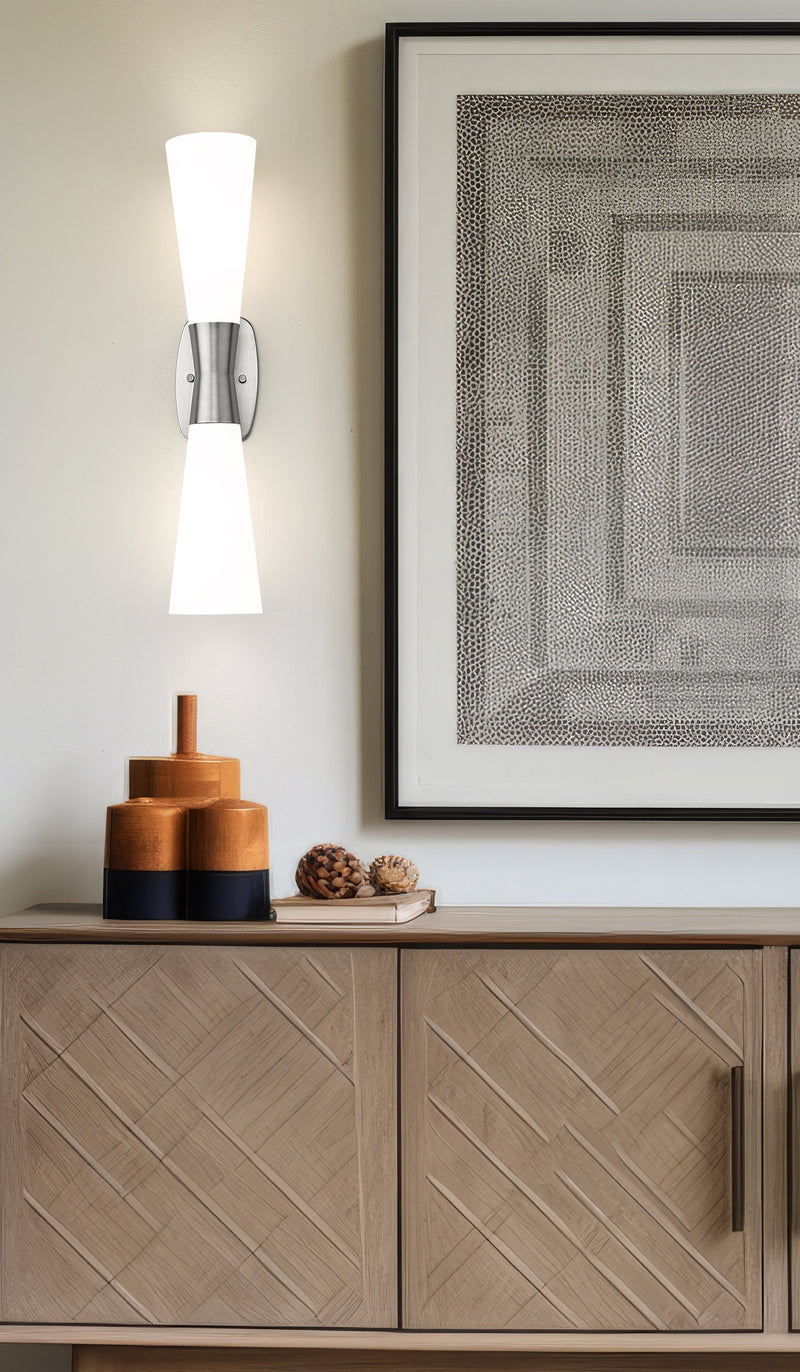 Emrys 2 Light 4.75" Wall Sconce in Brushed Nickel in a room setting