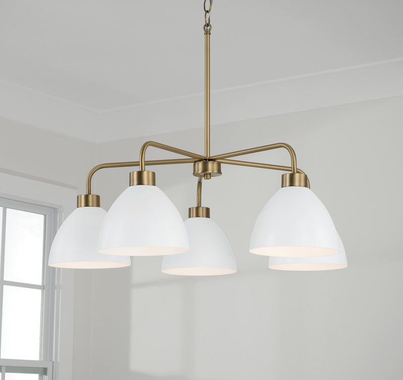Ross 5-Light Chandelier in Aged Brass and White