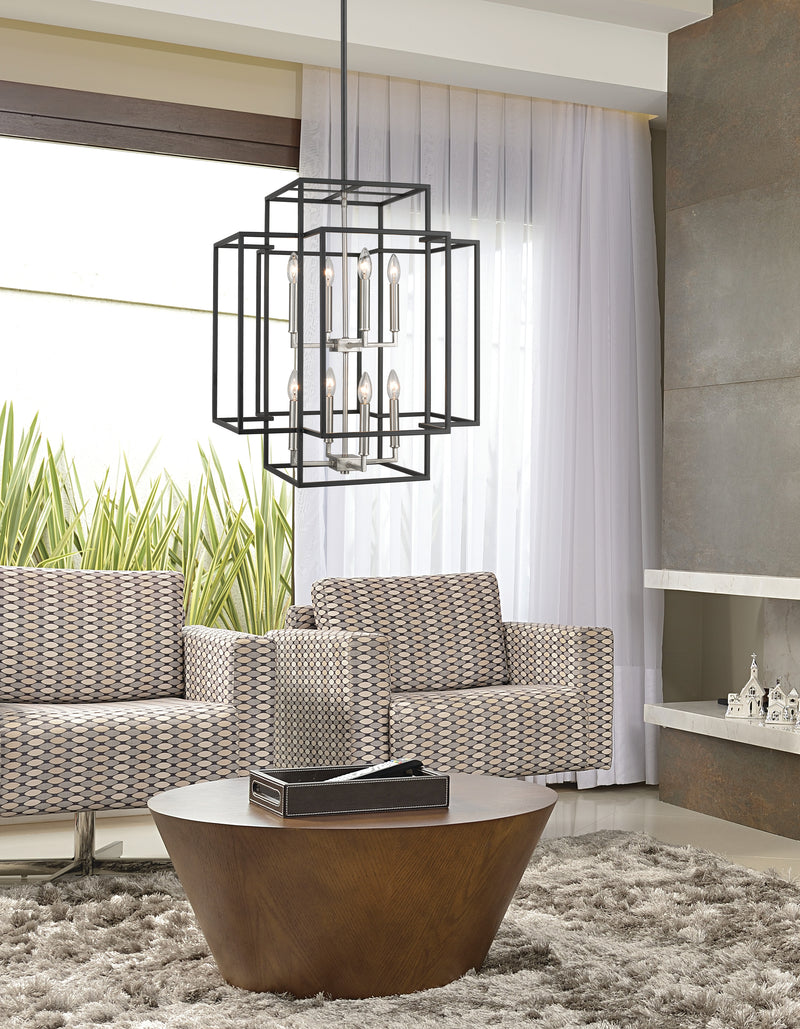 Titania 8 Light 22" Chandelier in Black + Brushed Nickel in a room setting
