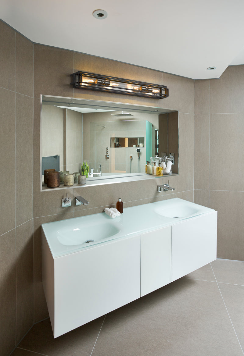 Titania 4 Light Vanity in Black + Brushed Nickel in a room setting